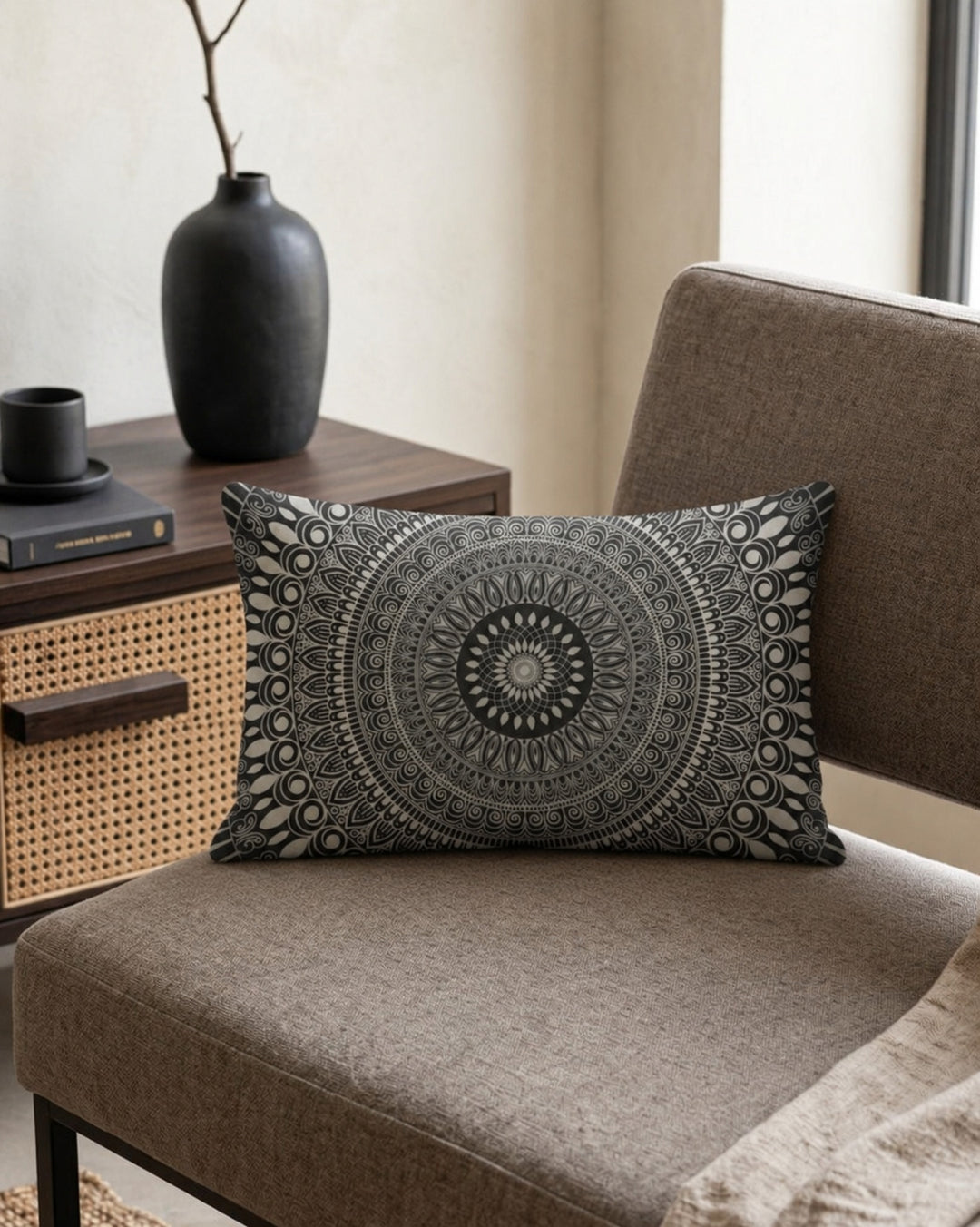 Boho lumbar pillow cover in black, white and grey mandala design styled on a taupe chair in a sophisticated modern boho interior