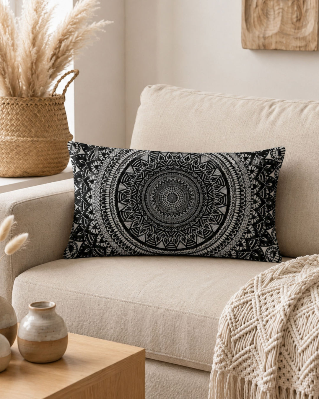black and white mandala lumbar pillow on beige sofa in modern boho living room with pampas grass and woven blanket