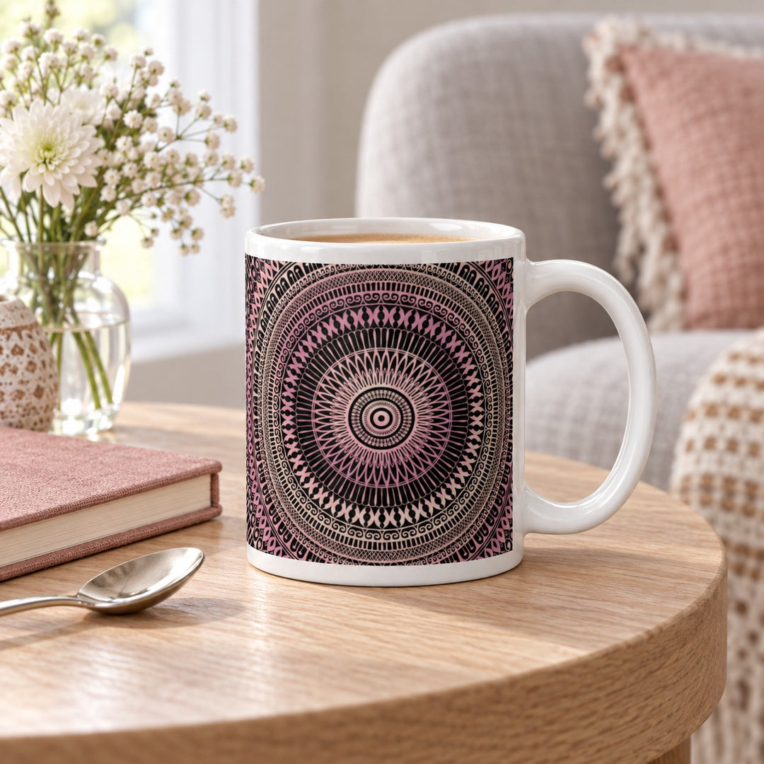 11 oz white ceramic mug with blush pink and beige mandala on an oak table beside a pink notebook.