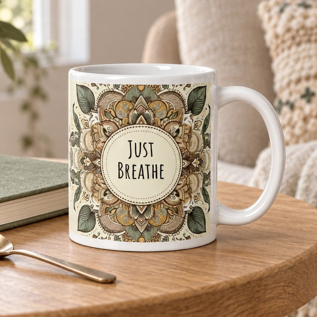 Close-up lifestyle photo of white ceramic Just Breathe mandala mug on a wooden table.