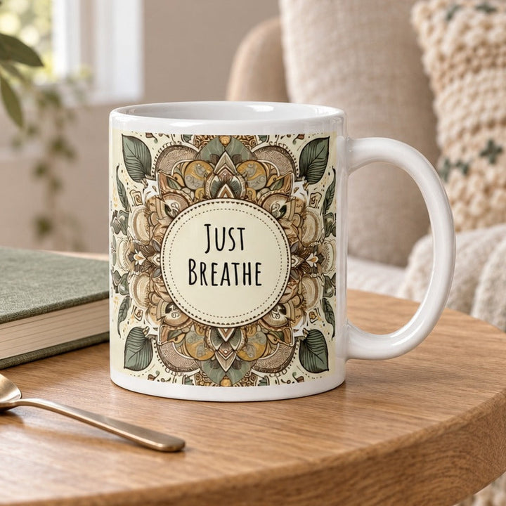 Close-up lifestyle photo of white ceramic Just Breathe mandala mug on a wooden table.