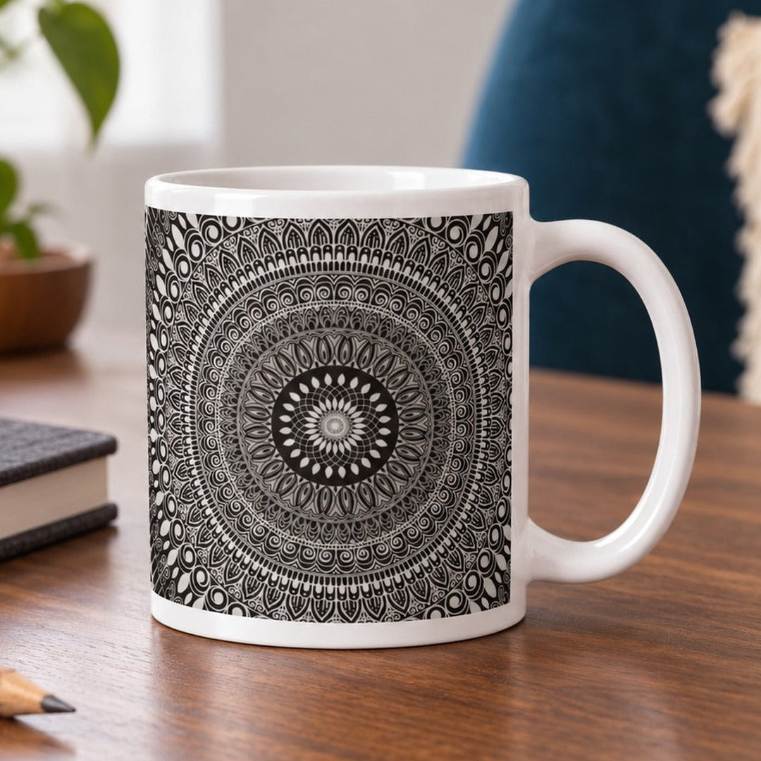 Close-up lifestyle photo of white ceramic mug with gray black mehndi mandala.