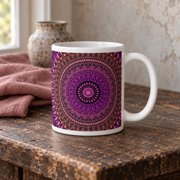 Pink mug with salmon Mehndi mandala design 11 oz lifestyle photo in a rustic brocante setting