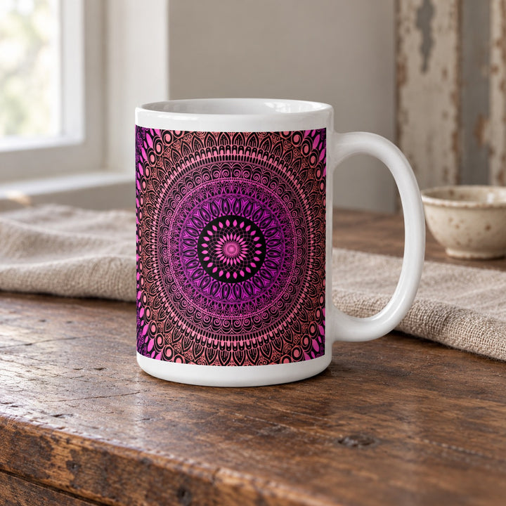 Pink mug with salmon Mehndi mandala design 15 oz lifestyle photo in a rustic brocante setting