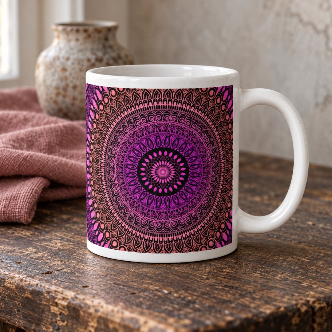 Pink mug with salmon Mehndi mandala design close-up lifestyle photo on a rustic wooden table