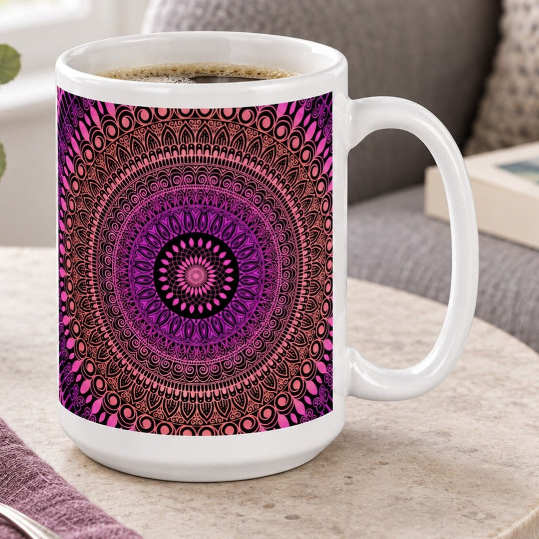 Close-up lifestyle photo of white ceramic mug with pink purple and salmon mehndi mandala.
