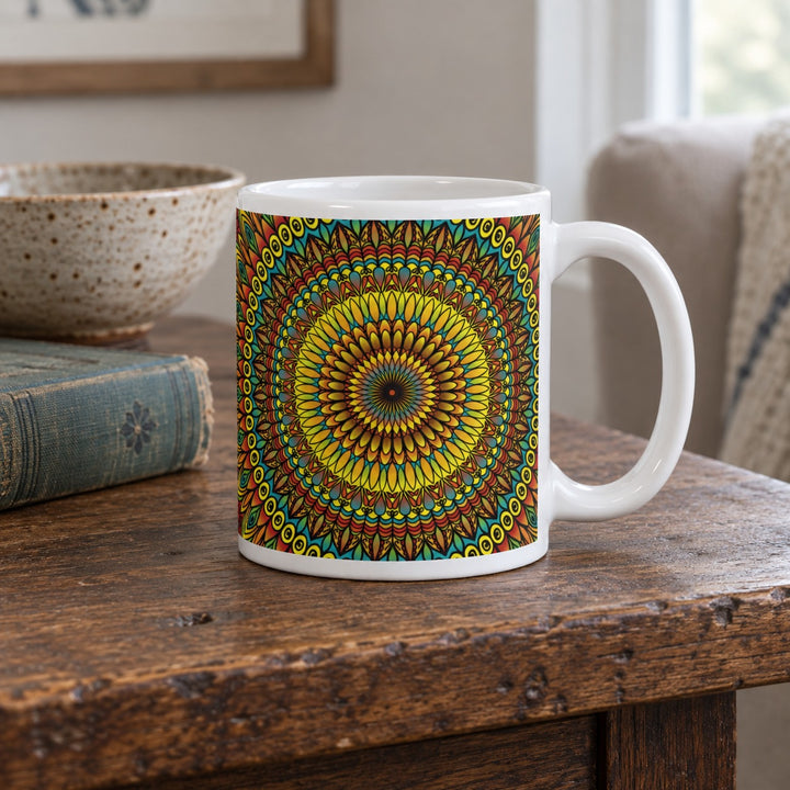 Yellow mug with rust and blue mandala design 11 oz lifestyle photo on a rustic wooden table