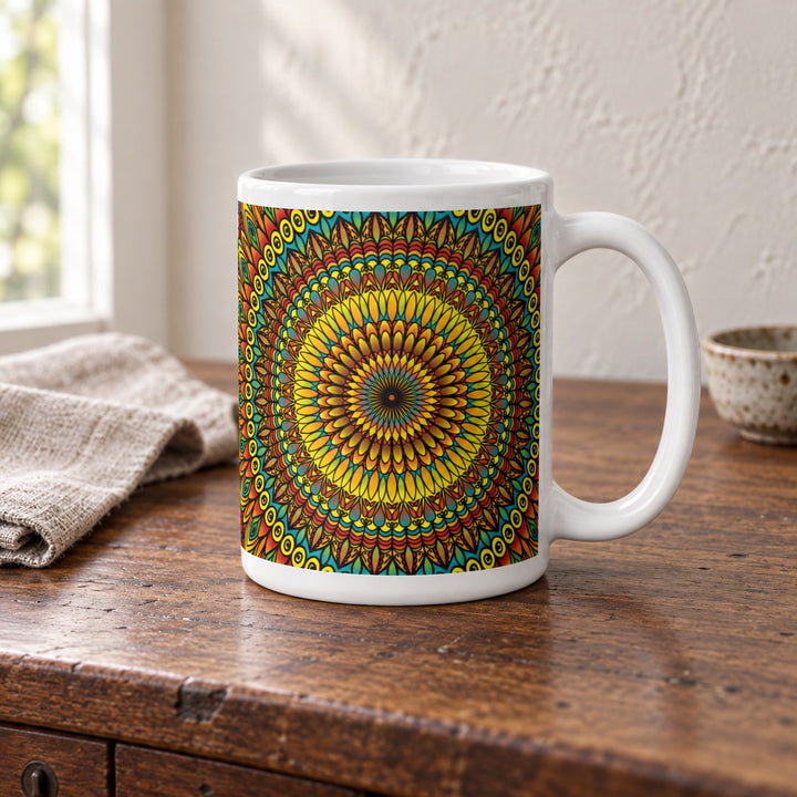 Yellow mug with rust and blue mandala design 15 oz lifestyle photo on a rustic wooden table