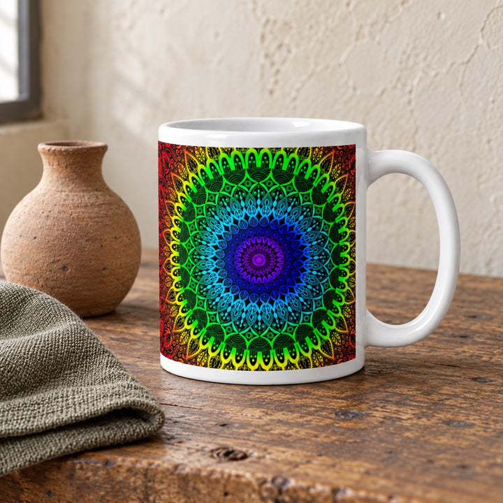 Chakra mug with seven color mandala design 11 oz lifestyle photo on a rustic wooden table