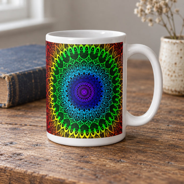 Chakra mug with seven color mandala design 15 oz lifestyle photo on a rustic wooden table