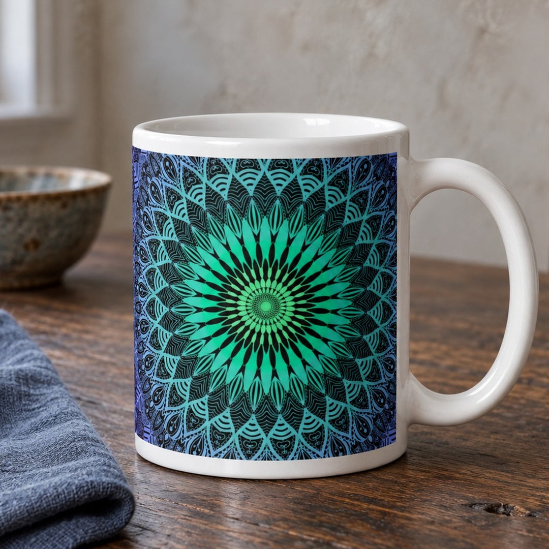 Purple mug with mint green mandala design close-up lifestyle photo on a rustic wooden table