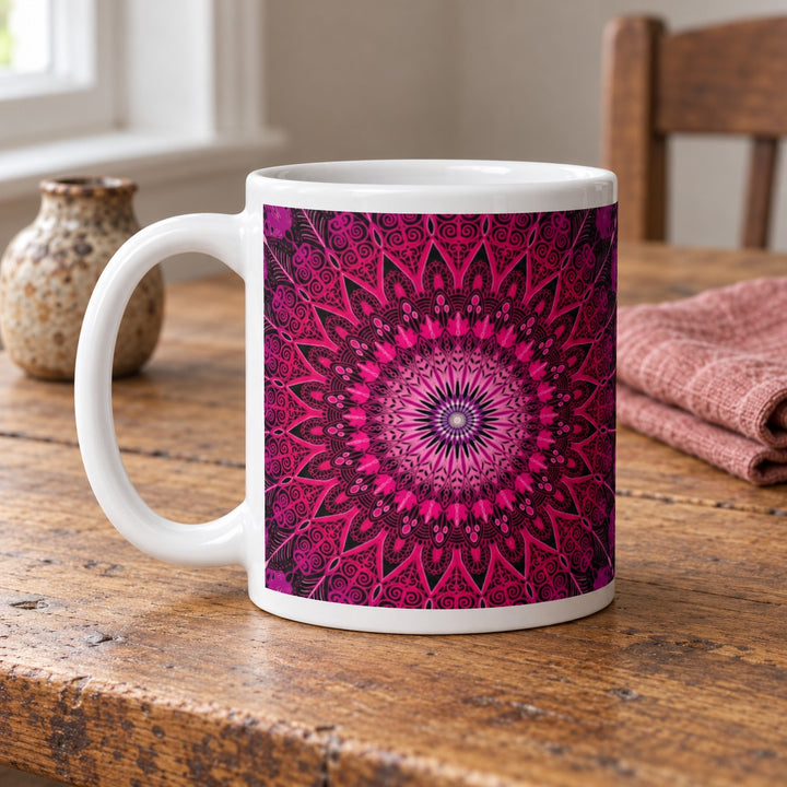 Pink mug with bright mandala design 11 oz lifestyle photo on a rustic wooden table