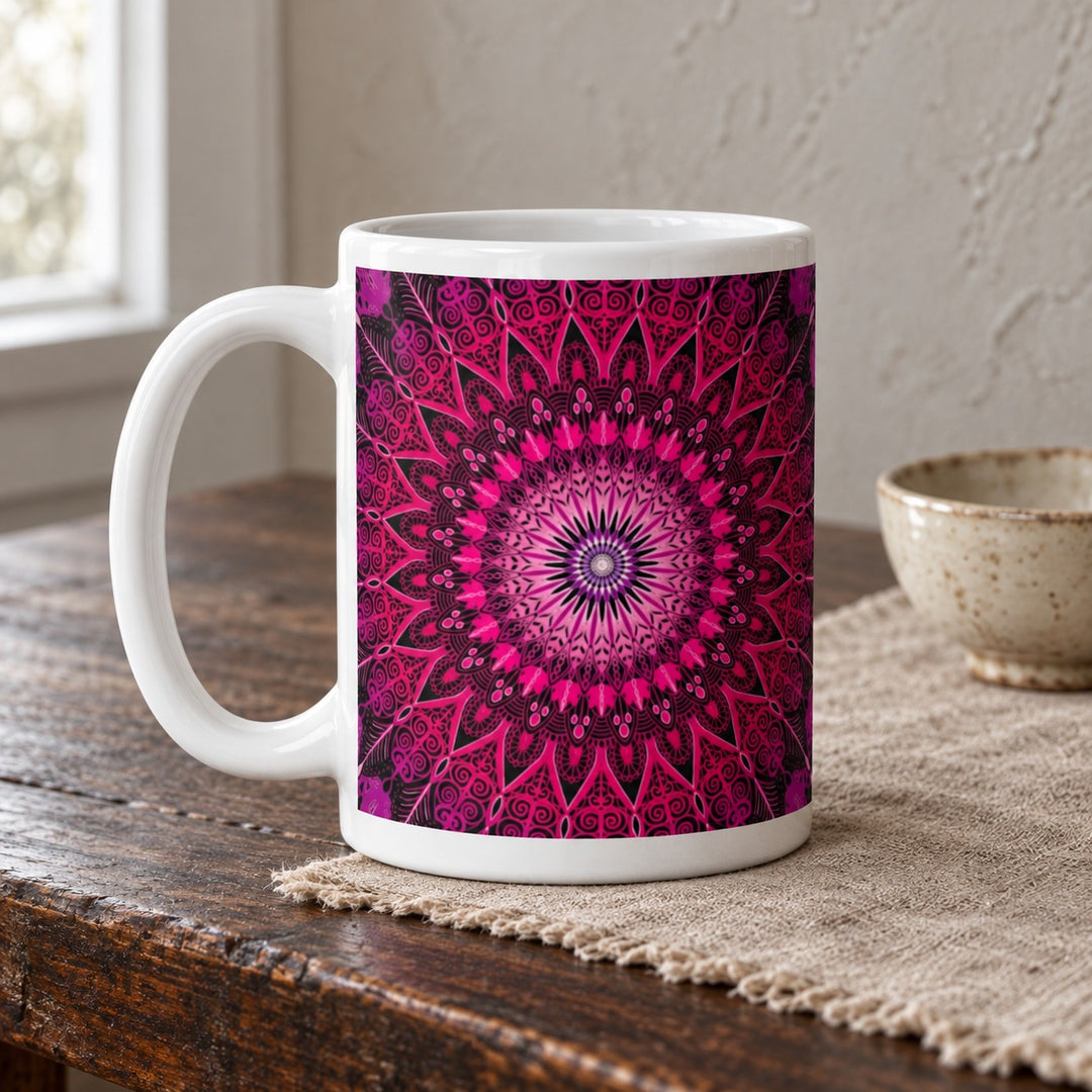 Pink mug with bright mandala design 15 oz lifestyle photo on a rustic wooden table