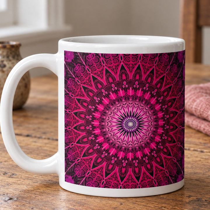 Pink mug with bright mandala design close-up lifestyle photo on a rustic wooden table