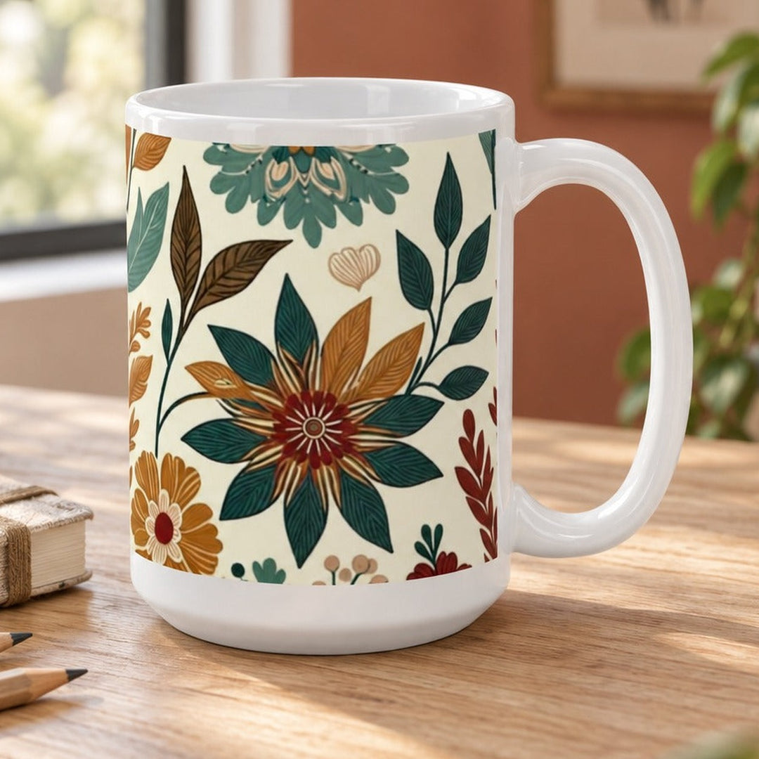 Close-up lifestyle photo of white ceramic floral mug with vintage botanical design.