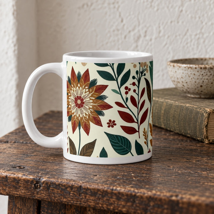 Floral mug with vintage botanical design 11 oz lifestyle photo in a rustic brocante setting