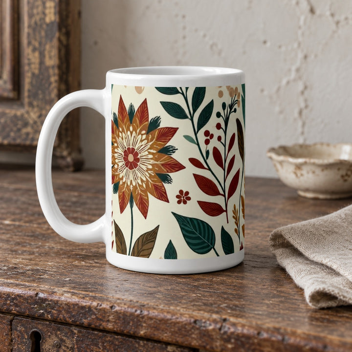 Floral mug with vintage botanical design 15 oz lifestyle photo in a rustic brocante setting