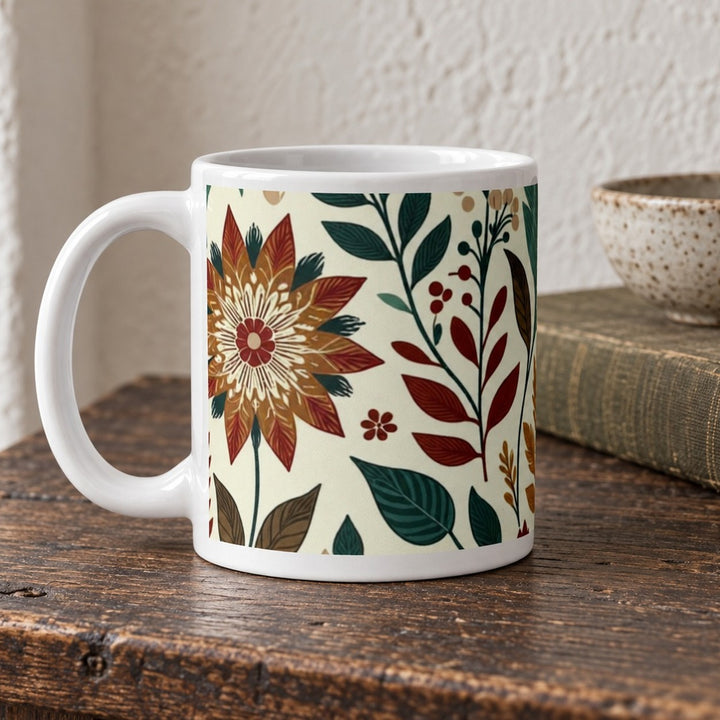Floral mug with vintage botanical design close-up lifestyle photo on a rustic wooden table