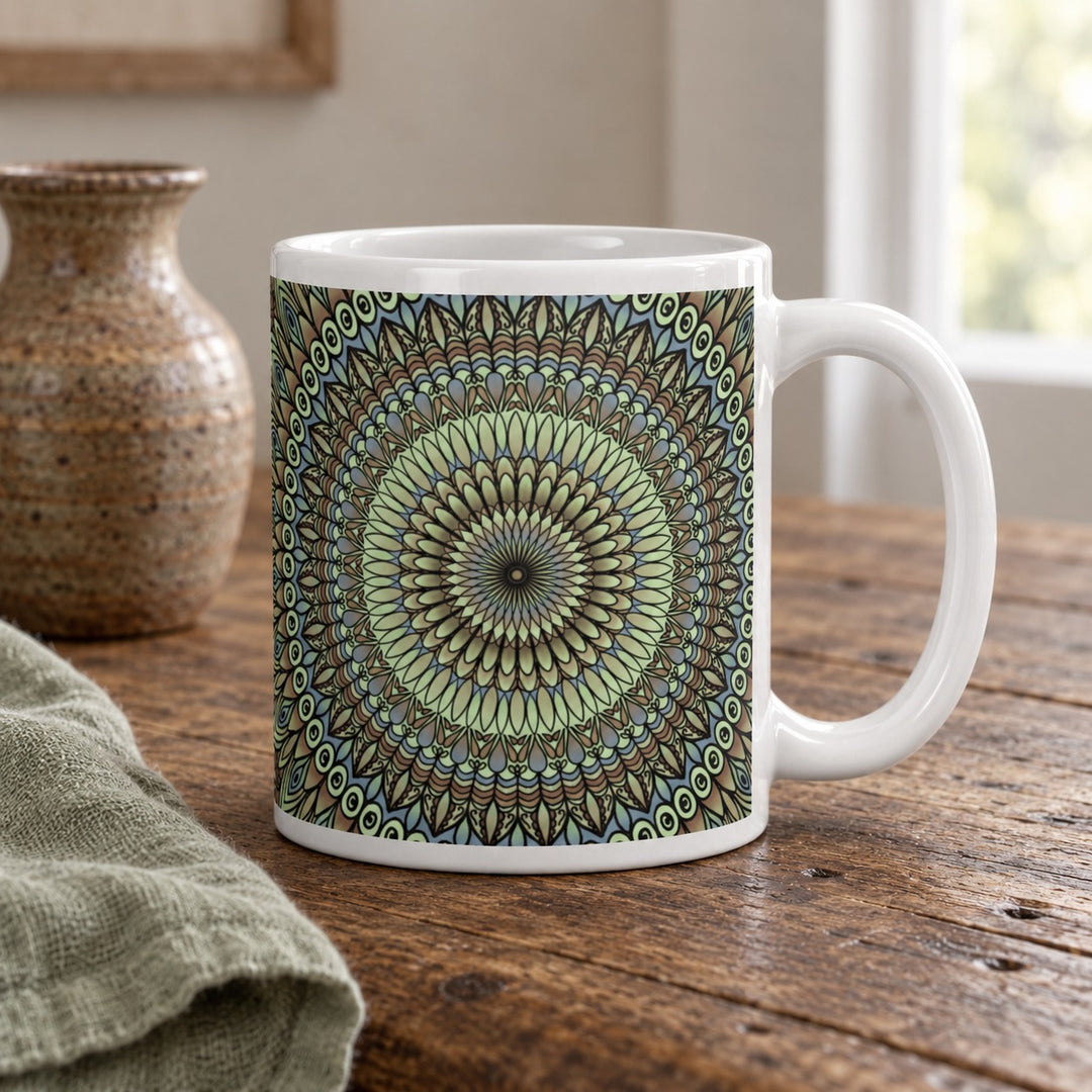 Lavender mug with green and brown mandala design 11 oz lifestyle photo in a rustic brocante setting