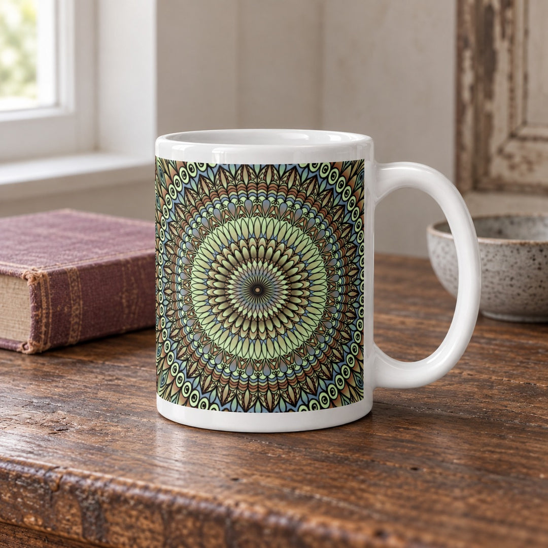 Lavender mug with green and brown mandala design 15 oz lifestyle photo in a rustic brocante setting