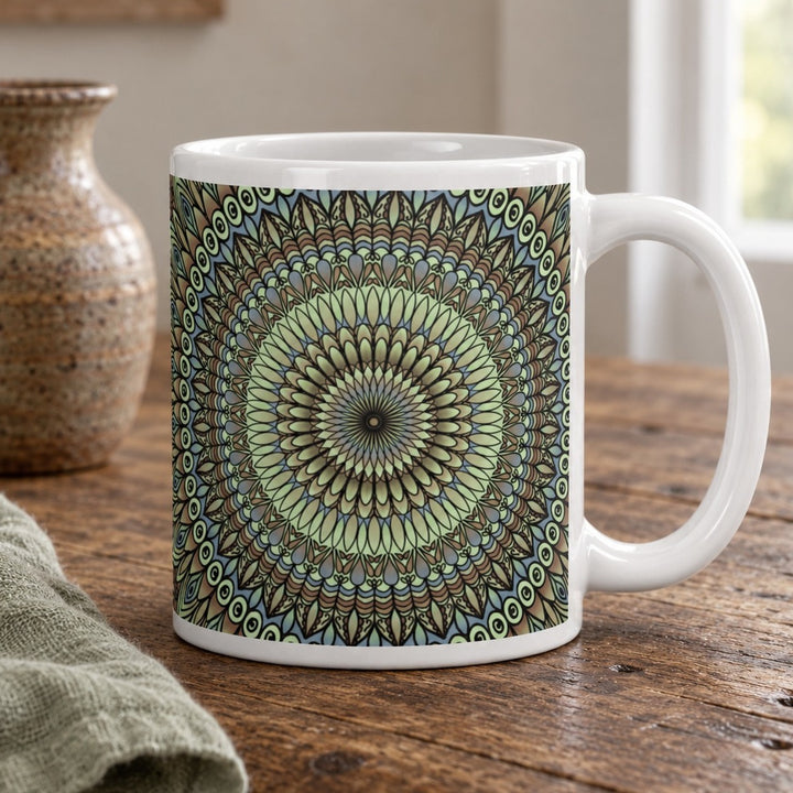 Lavender mug with green and brown mandala design close-up lifestyle photo on a rustic wooden table