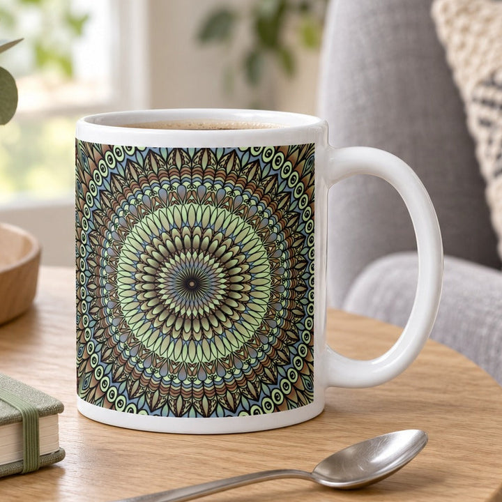 Close-up lifestyle photo of white ceramic mug with lavender green and brown mandala.