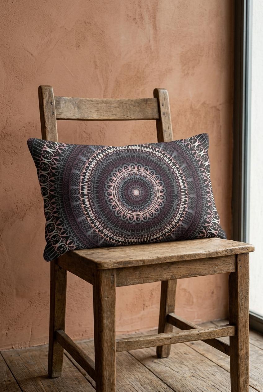 Boho lumbar pillow 12x20 inch with mandala design on rustic wooden chair, warm terracotta wall, matte linen look fabric, natural woven texture, soft daylight interior