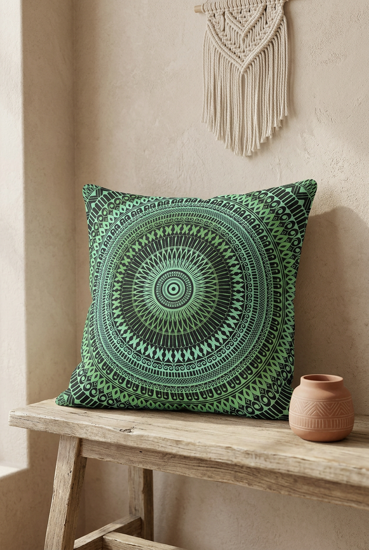 Green mandala pillow cover on a rustic wooden bench in a calm boho interior with beige textured wall, macrame wall hanging and ceramic vase, soft natural daylight and earthy tones