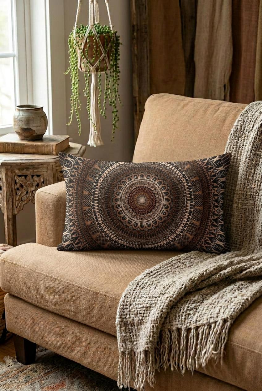 Premium boho lumbar pillow cover with linen look and detailed brown mandala design styled on a camel sofa in a warm boho interior