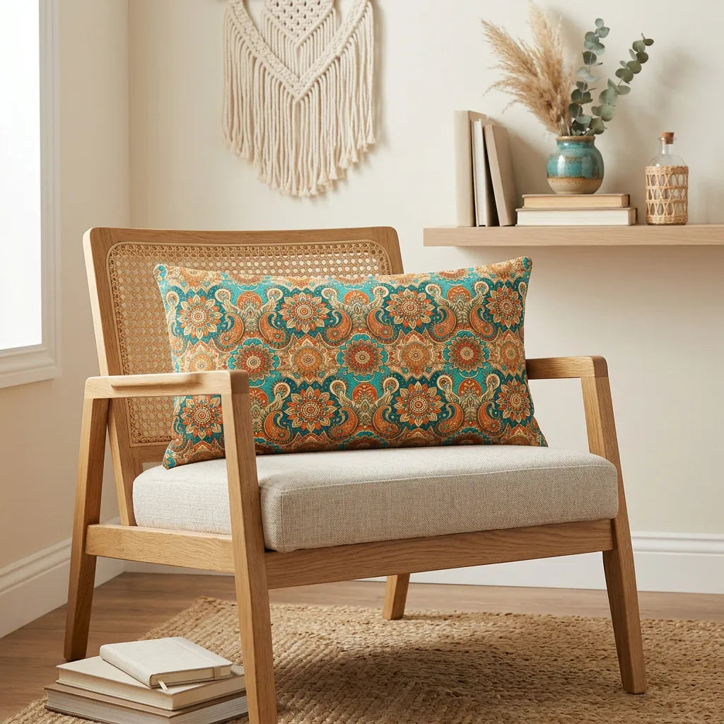 Boho accent pillow cover with ornate mandala paisley design in teal, rust and beige on a modern wooden lounge chair