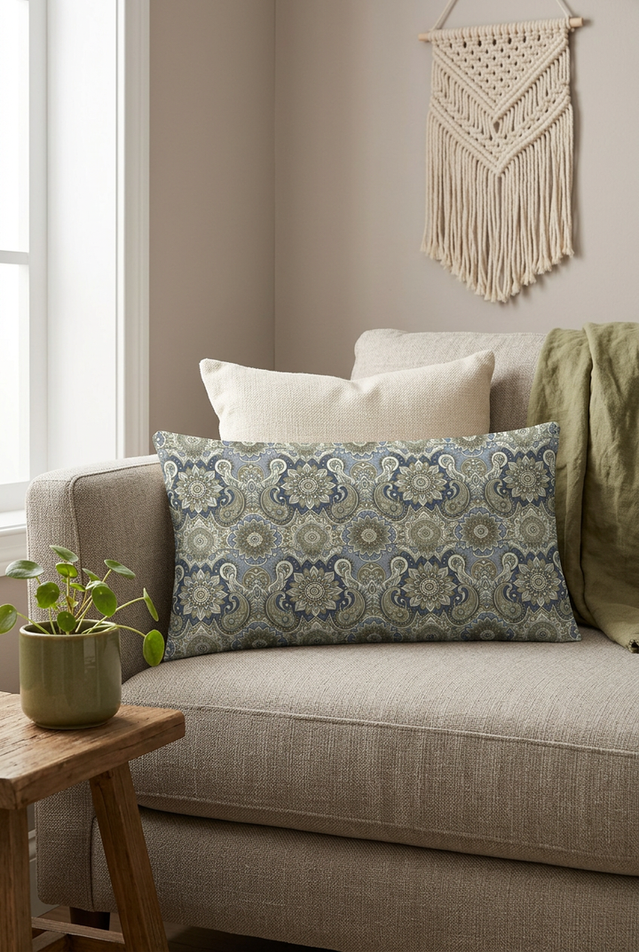 Boho lumbar pillow cover with soft blue, olive green and beige mandala paisley pattern styled in a cozy neutral interior