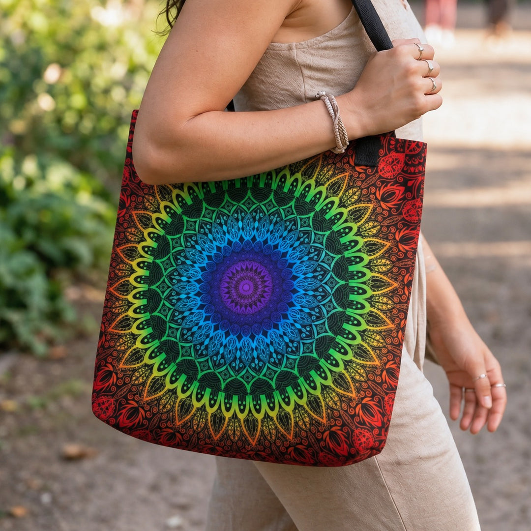 Spiritual tote bag with colorful chakra mandala design