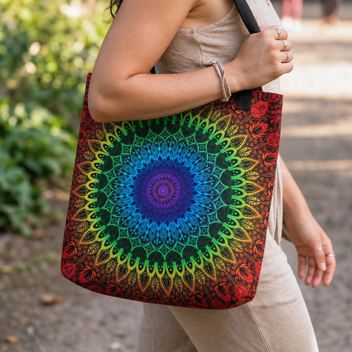 Spiritual tote bag with colorful chakra mandala design