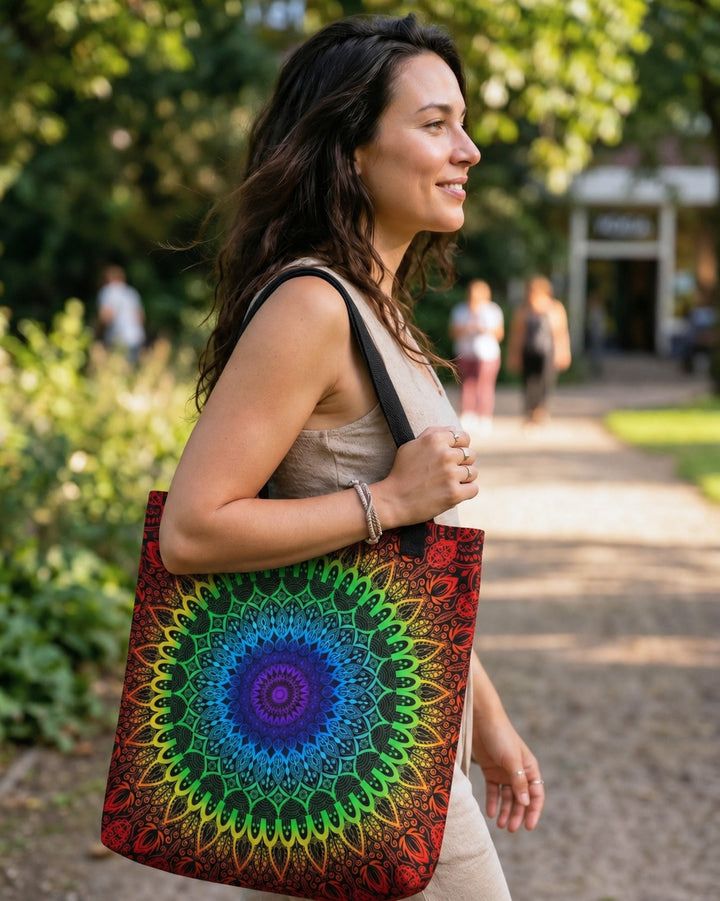Woman carrying a colorful chakra mandala tote bag in a park