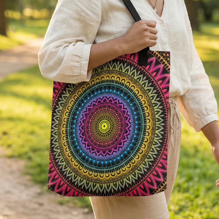 colorful mandala tote bag detail bohemian pattern fabric close up lifestyle