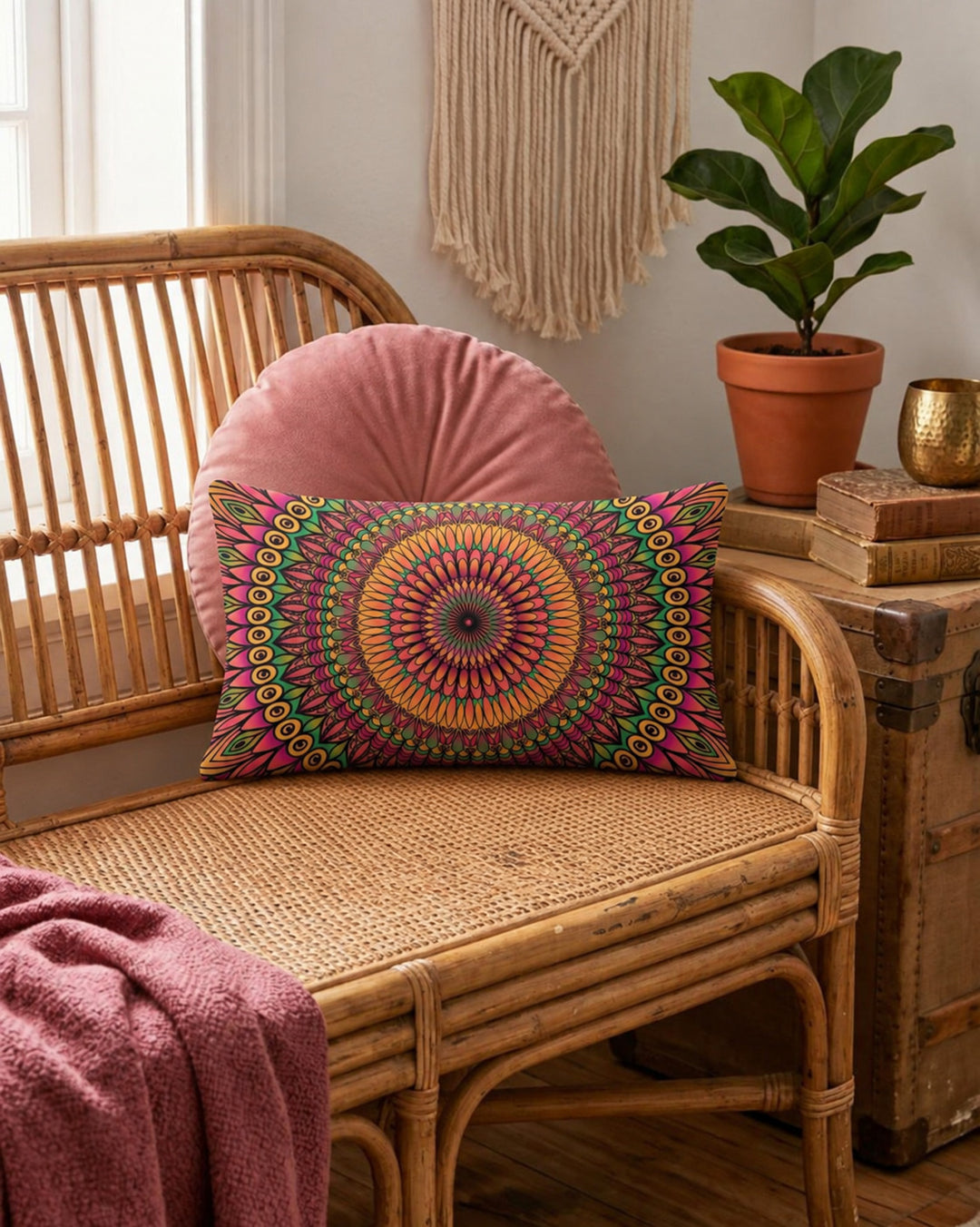 Boho lumbar pillow cover in coral, pink, orange and green mandala design styled on a rattan bench in a warm colorful boho interior