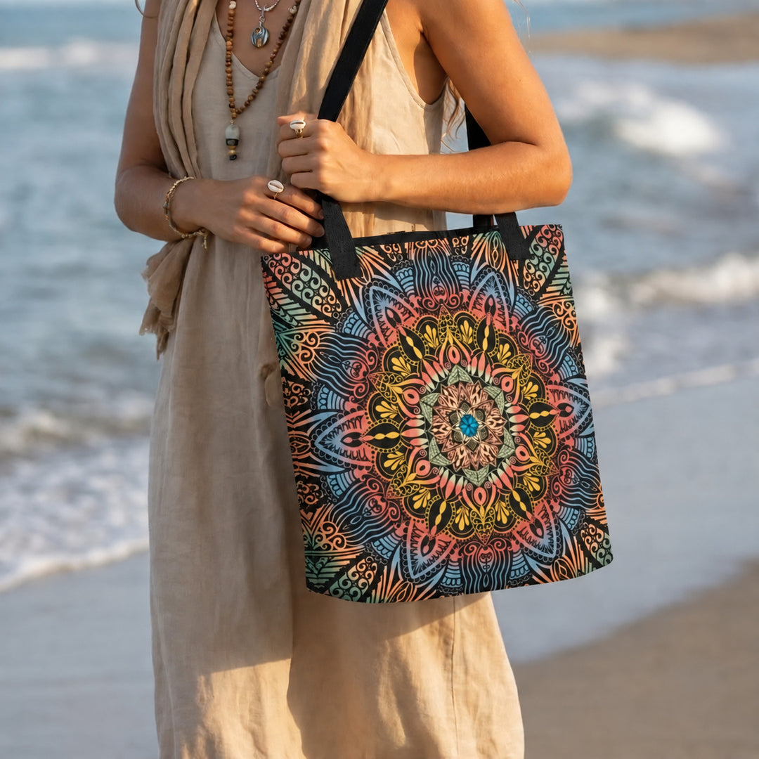 Colorful tote bag with psychedelic mandala boho print worn by a model