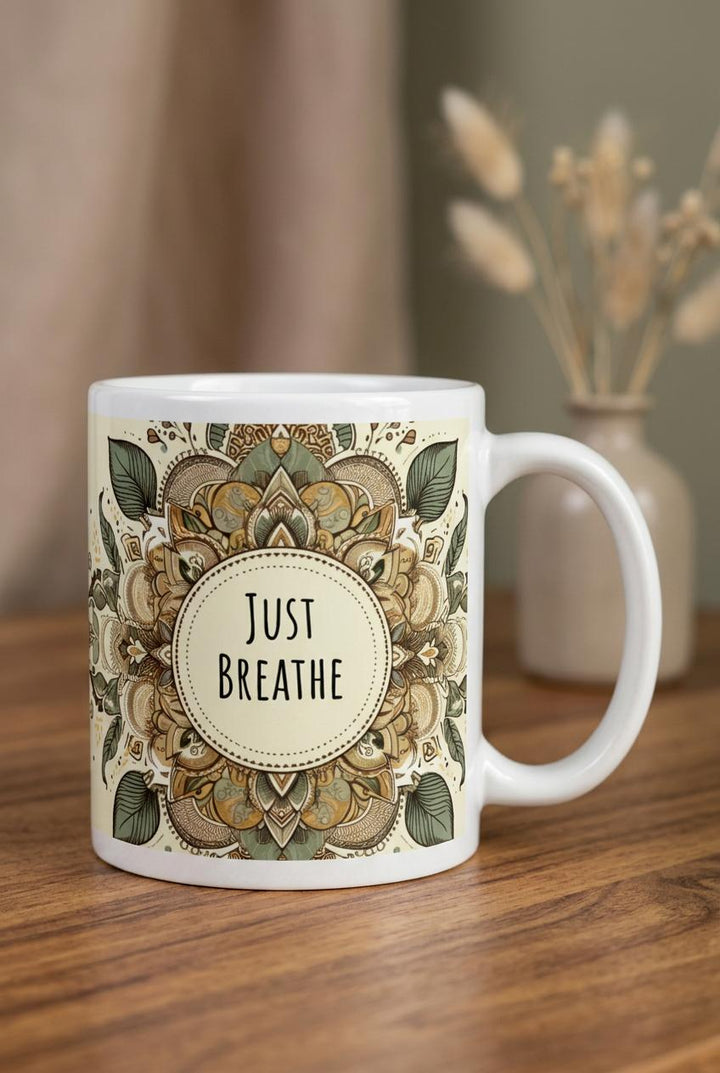 Boho ceramic mug with mandala design and “Just Breathe” text on wooden table with soft neutral background