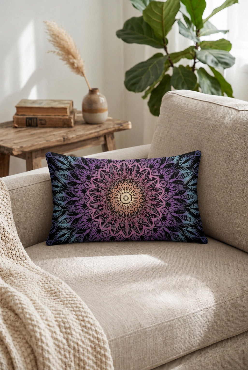 Decorative lumbar pillow with mandala pattern on a beige couch in a living room setting.