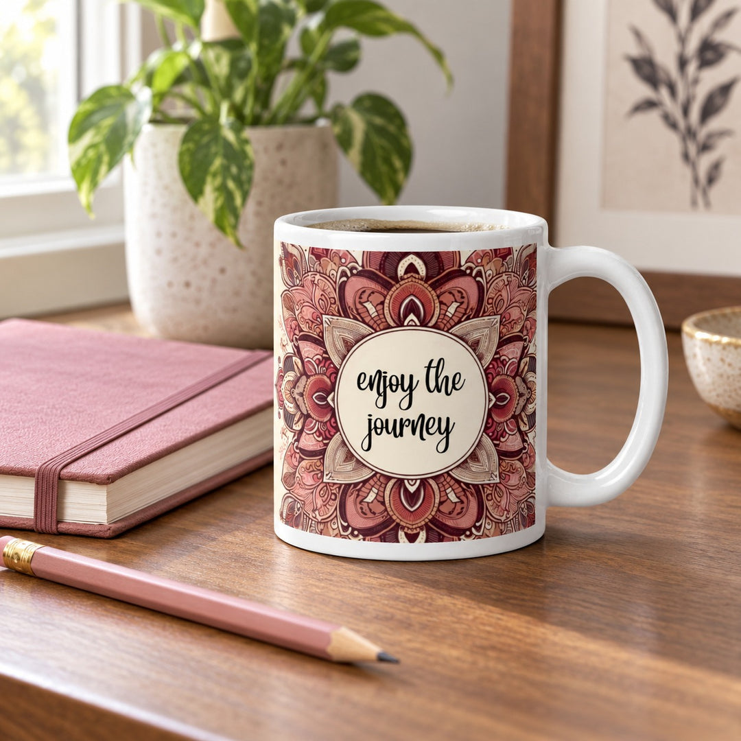 11 oz Enjoy the Journey mug with a pink mandala on a wooden desk beside a pink journal.