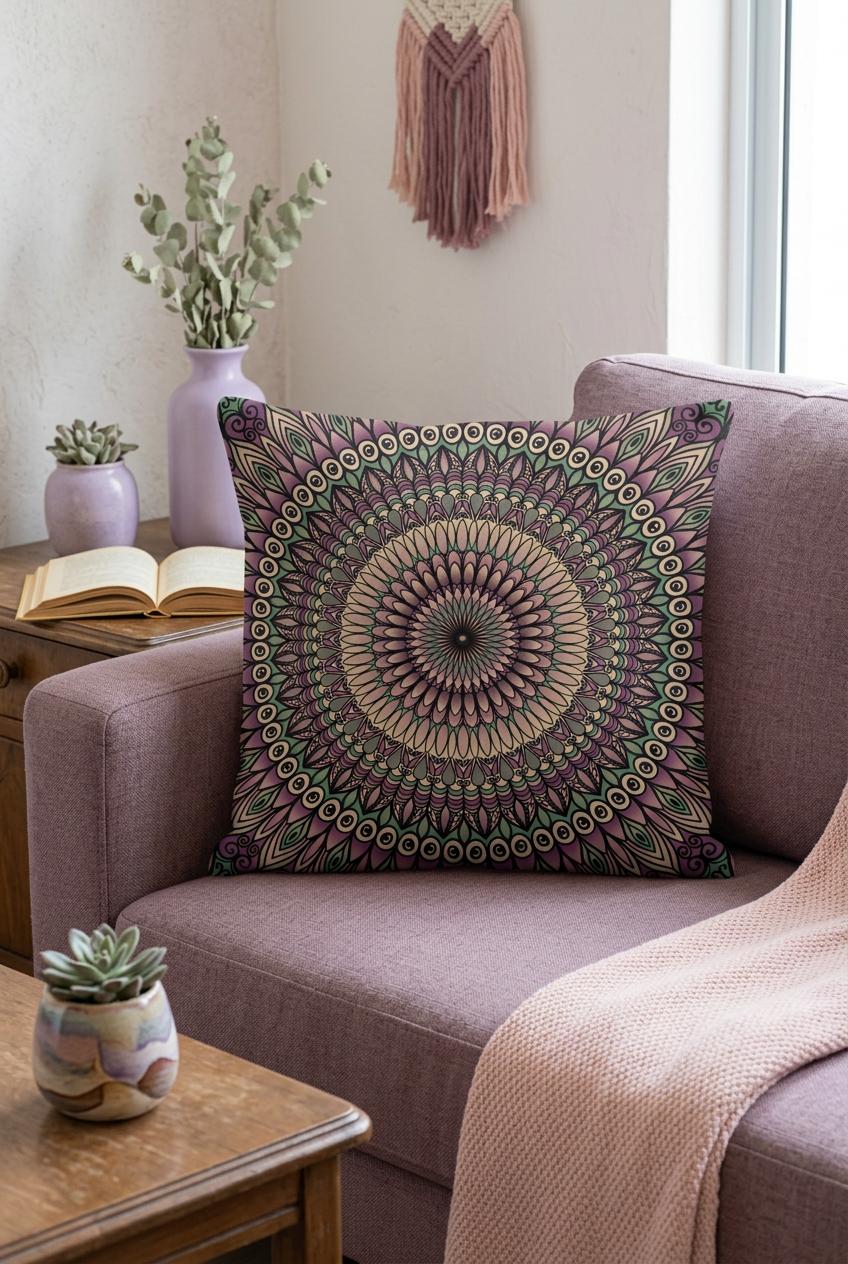 Boho square pillow cover with mauve, blush, beige and soft sage mandala design styled on a dusty mauve armchair in a cozy boho interior