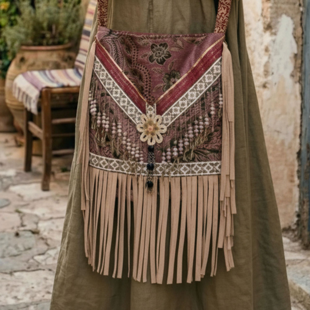 Close-up of a handmade boho crossbody bag with layered fabrics in earthy tones, lace details, beads and long fringe, worn with a natural green linen dress