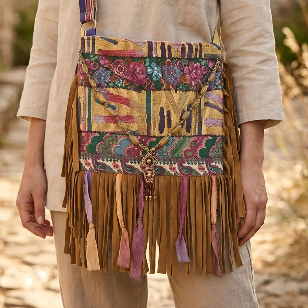 bohemian schoudertas met franjes en kleurrijk patchwork patroon gedragen door vrouw in neutrale linnen outfit in warme natuurlijke omgeving