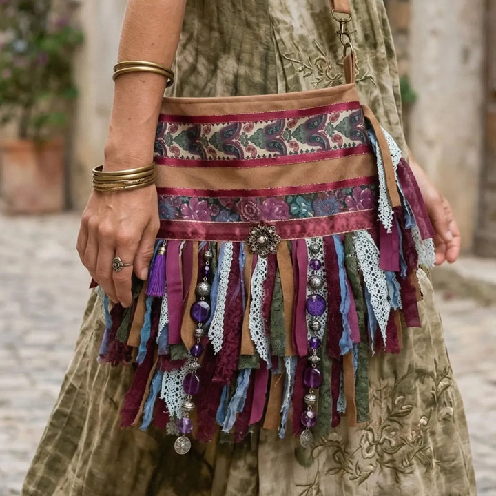 Close-up of a bohemian upcycled crossbody bag with layered fabrics, lace, beads and burgundy and purple fringes, worn with a flowing olive green dress