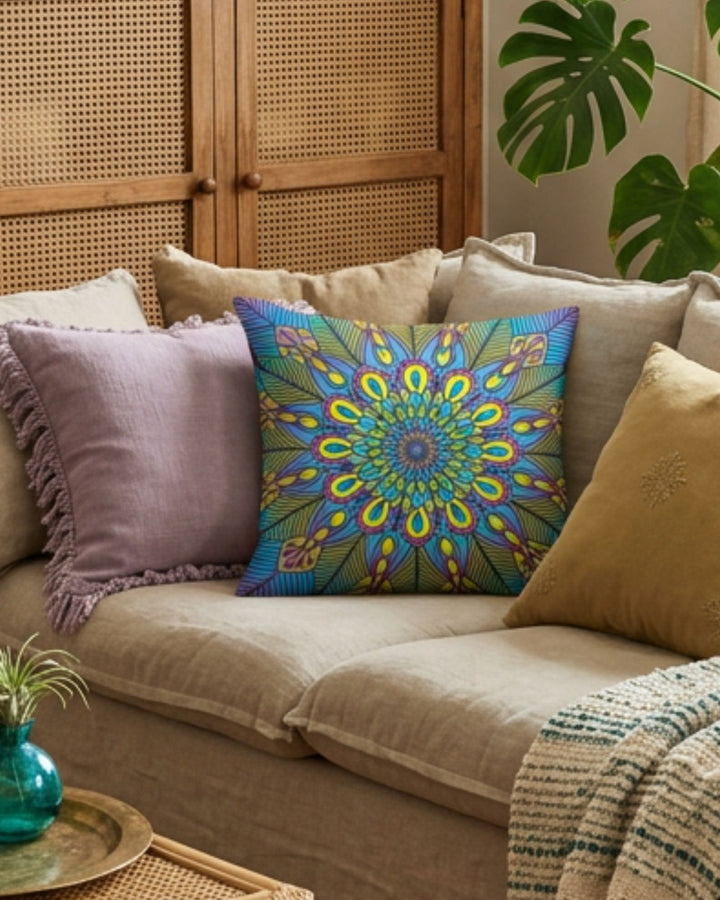 Bohemian mandala cushion cover on a beige linen sofa in a warm natural living room with rattan furniture, soft earthy tones and subtle lavender and mustard accents. Cozy boho interior styling with plants, textured fabrics and wooden details creating a calm artistic atmosphere.