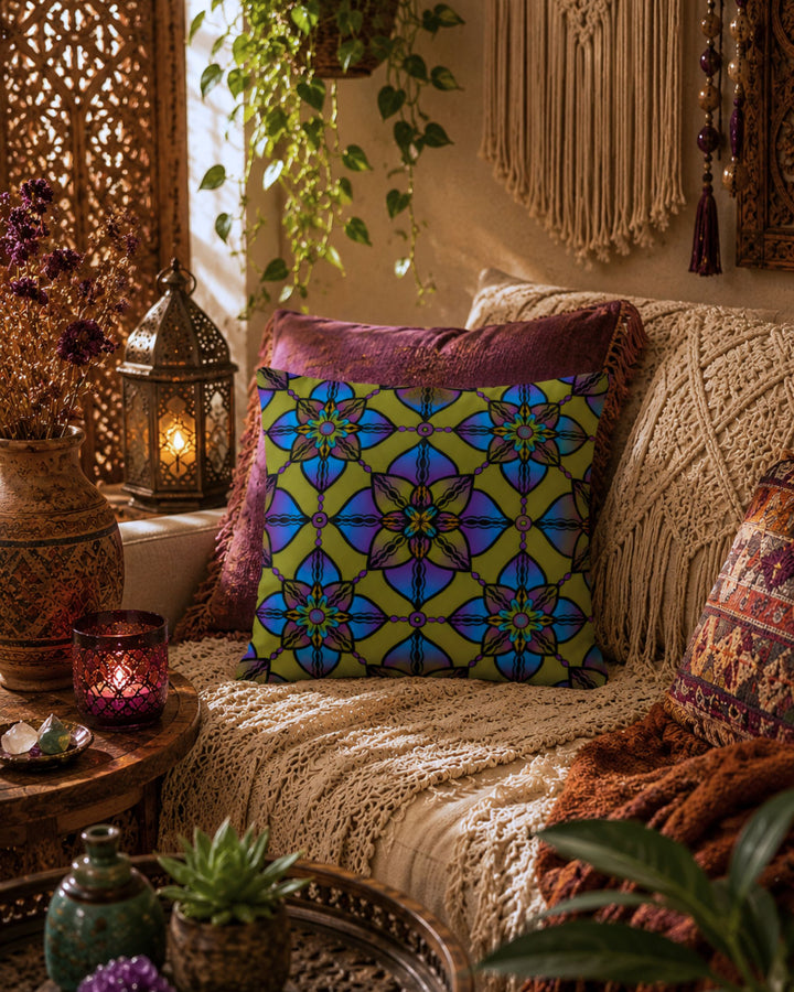 Colorful boho gypsy cushion with mandala-inspired floral pattern on a cozy sofa in a warm eclectic interior with lanterns, macramé wall hanging, candles and soft golden lighting.