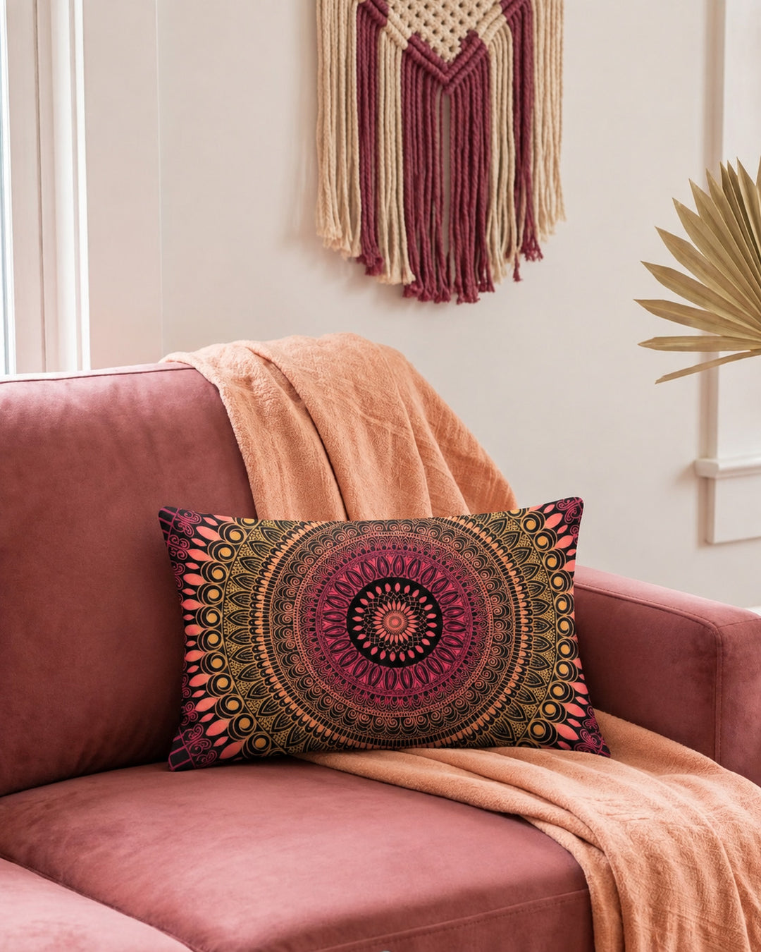 Boho lumbar pillow cover in pink, coral, gold and black mandala design styled on a dusty rose sofa in a warm colorful boho interior