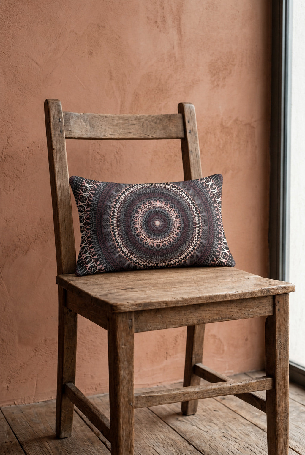 Boho lumbar pillow 12x20 inch with mandala design on rustic wooden chair, warm terracotta wall, matte linen look fabric, natural woven texture, soft daylight interior