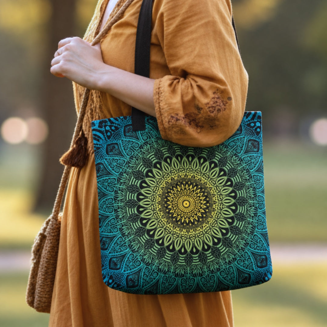 Green tote bag with blue and yellow mandala boho print