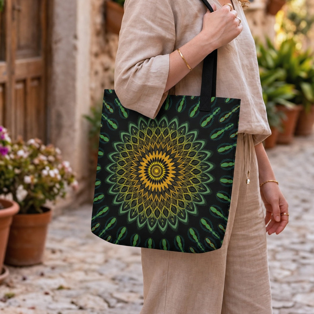 Green tote bag with yellow mandala boho design